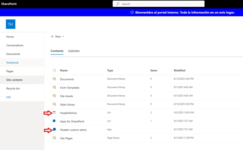Banner de alerta en SharePoint junto al panel de Contenidos del sitio