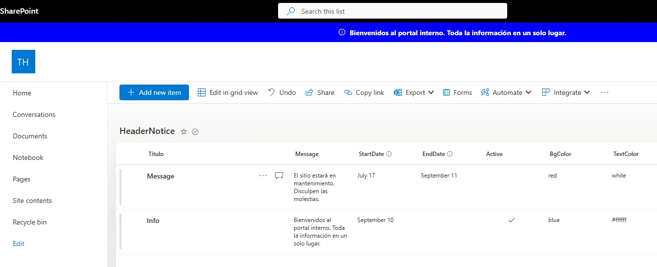 Banner superior en SharePoint y lista HeaderNotice