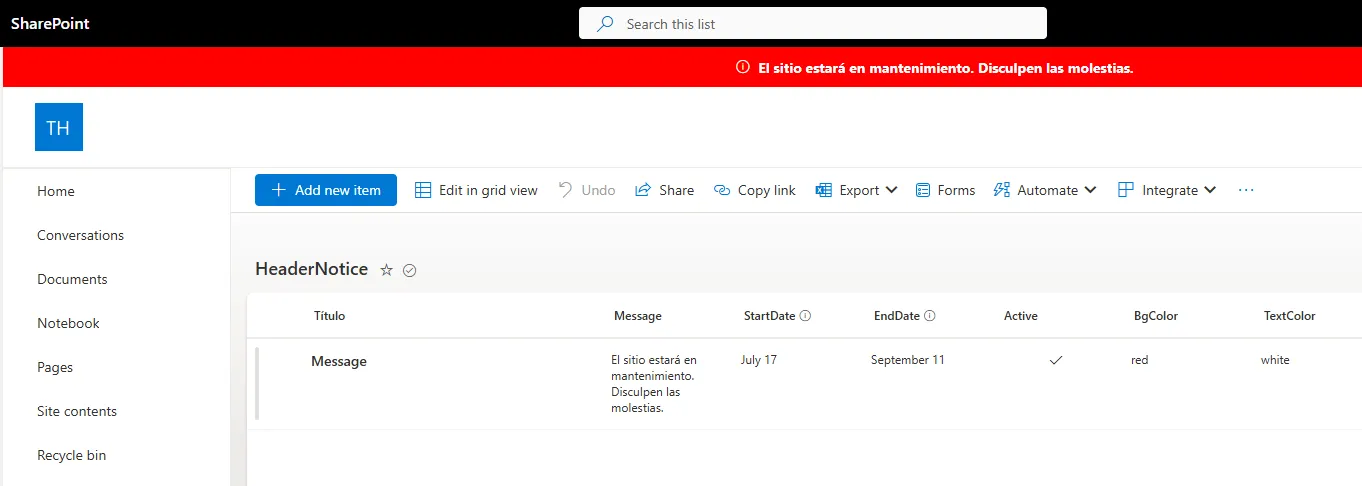 Banner de alerta en la parte superior de SharePoint