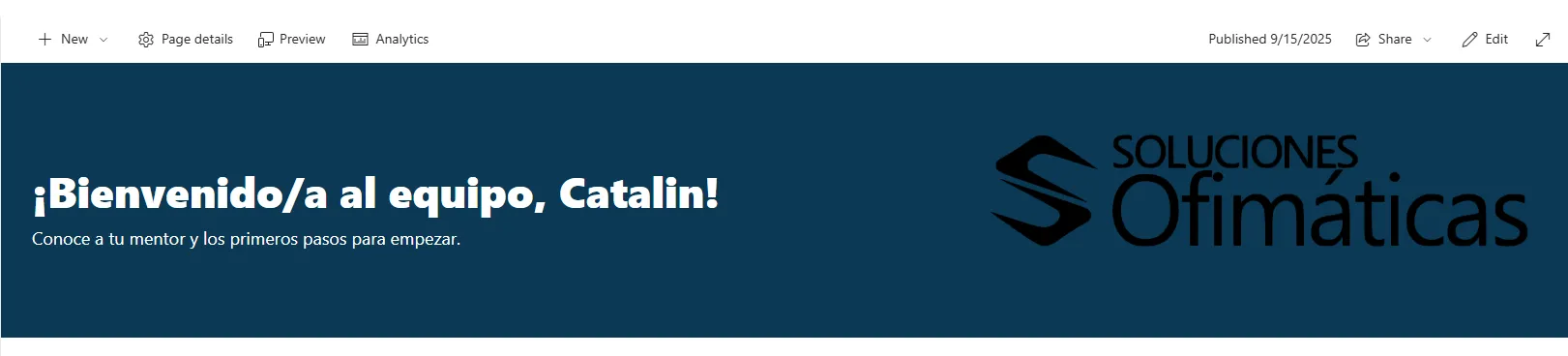 Banner de bienvenida en SharePoint con texto a la izquierda e imagen corporativa a la derecha.