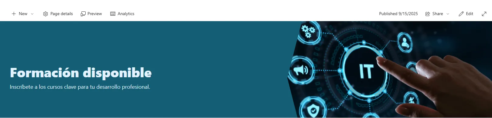 Banner de SharePoint con texto de formación disponible a la izquierda e imagen tecnológica a la derecha