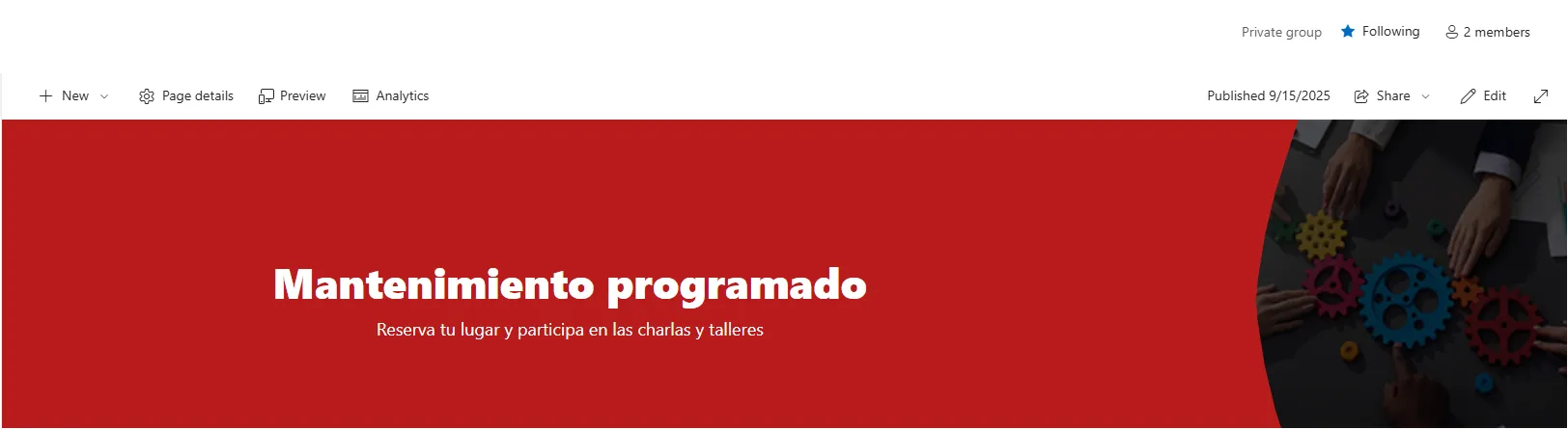 Banner de SharePoint con mensaje de mantenimiento programado, texto blanco sobre fondo rojo e imagen de engranajes a la derecha