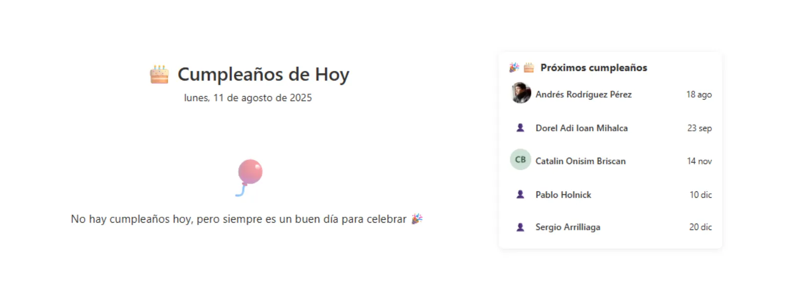 Panel de próximos cumpleaños con identidad visual corporativa