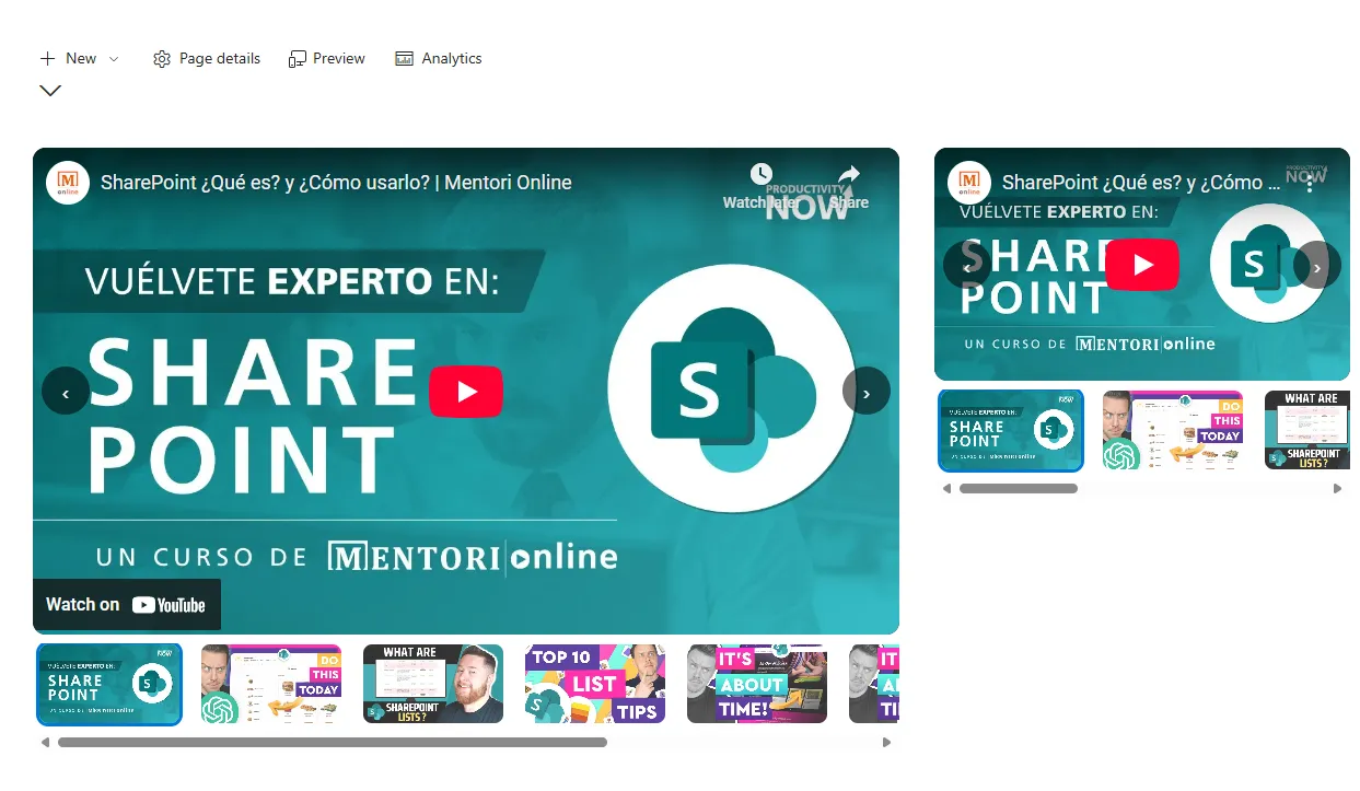 Carrusel de vídeo con reproductor y tira de miniaturas.