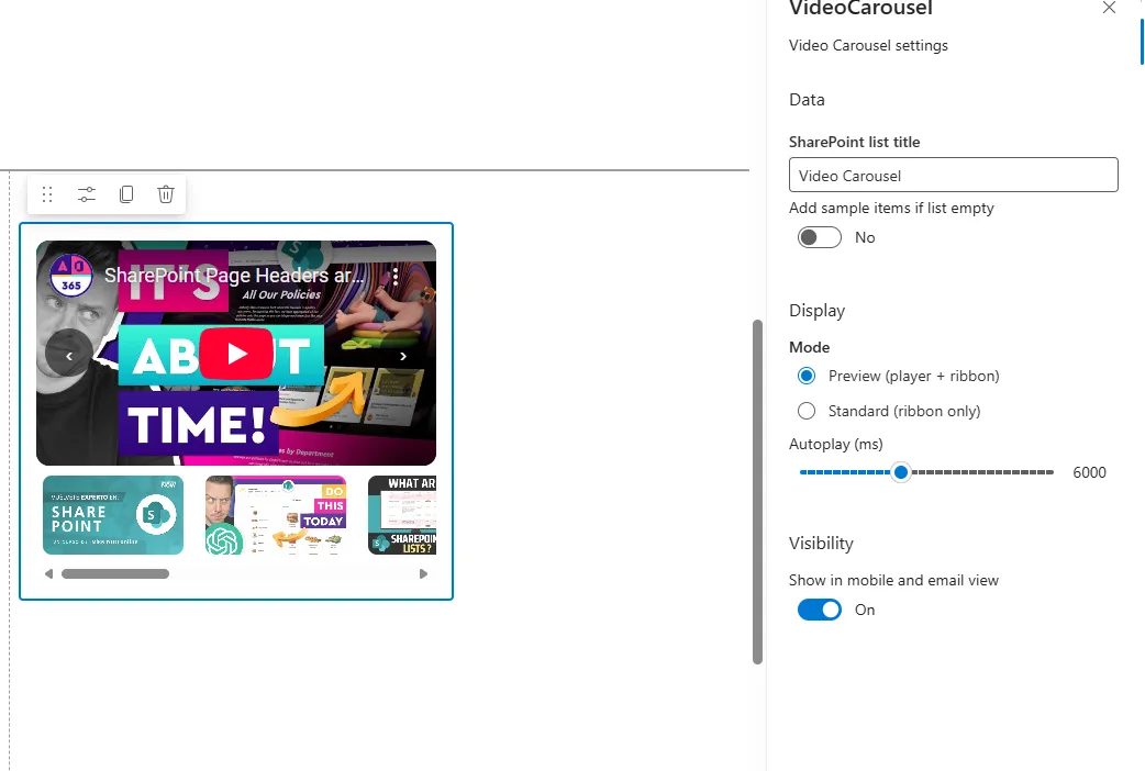 Configuración del carrusel: definir el título de la lista y elegir entre modo Preview o Standard