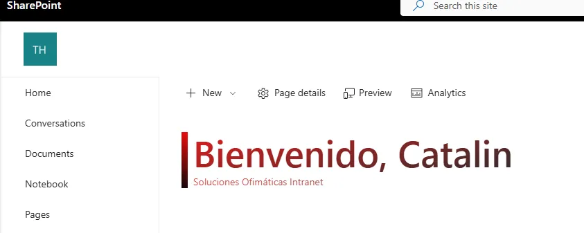 Encabezado de bienvenida en SharePoint con texto en degradado, borde con gradiente.