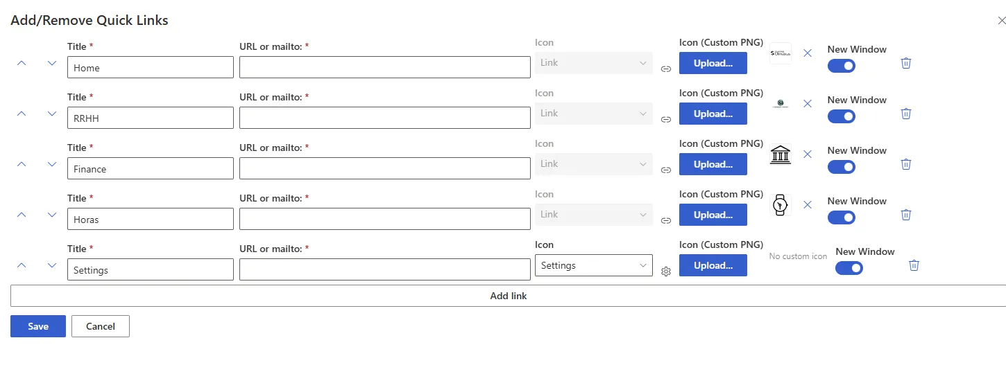 Panel de configuración de Quick Links en SharePoint con campos para título, URL, icono, carga de imagen personalizada y opción de abrir en nueva ventana.