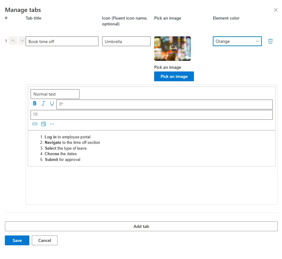Panel de configuración para administrar pestañas: título, icono Fluent, color de elemento, texto enriquecido e imagen con vista previa.